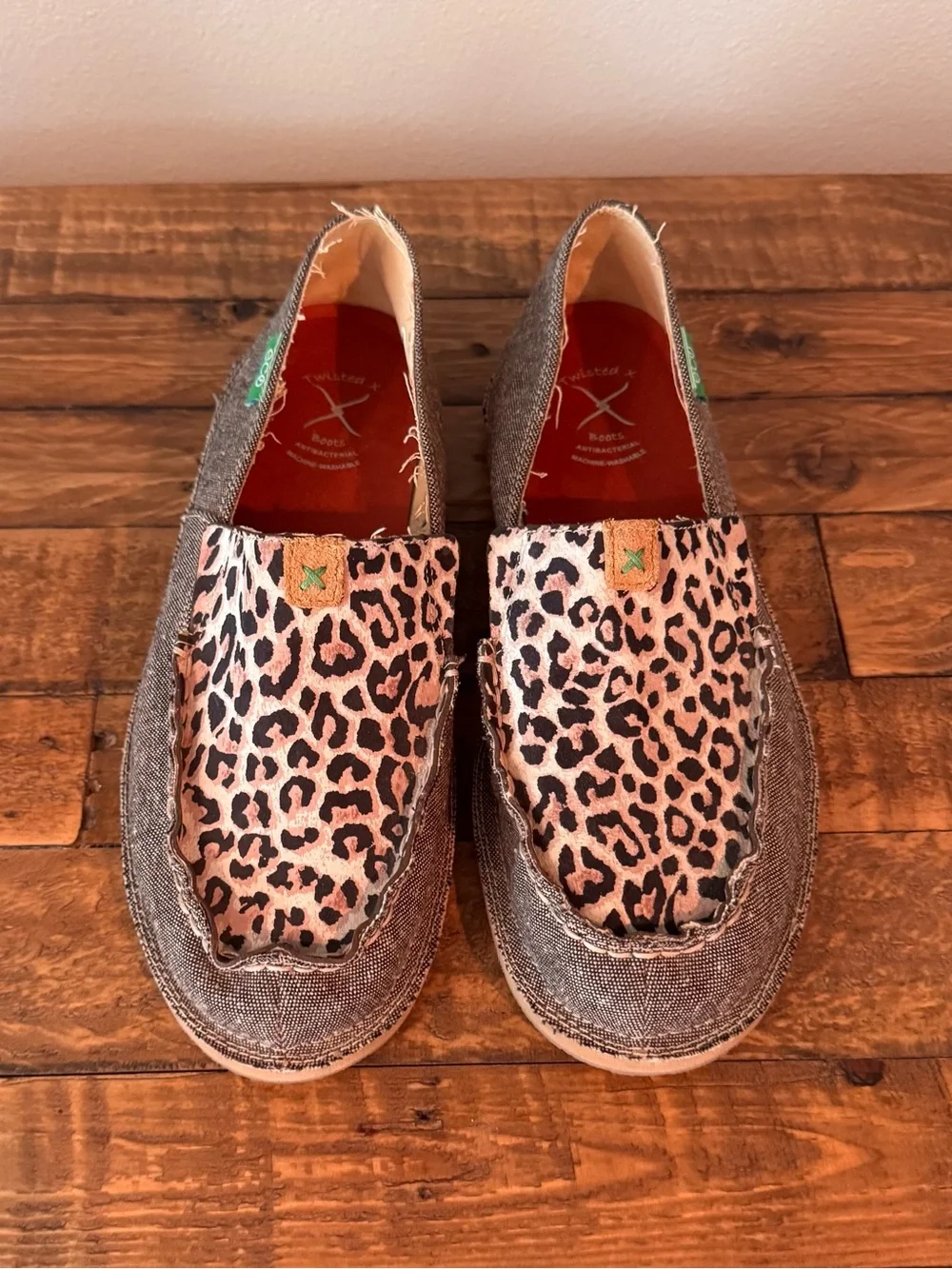 Twisted X EcoTEX Gray Canvas Slip-On Shoes with Leopard Accent and Red Insole